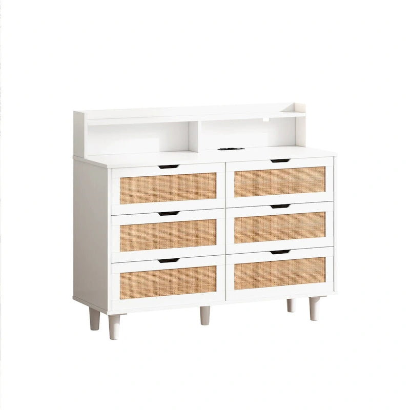 43.316-Drawers Rattan Storage Cabinet Rattan Drawer with LED Lights and Power Outlet,for Bedroom,Living Room