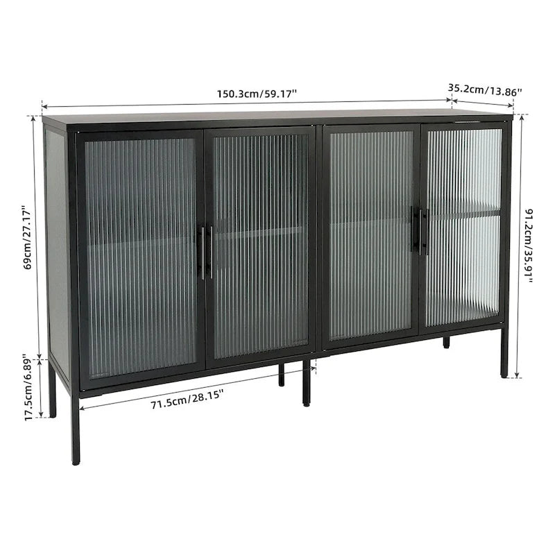 Stylish 4-Door Tempered Glass Cabinet, 4 Glass Doors Adjustable Shelf