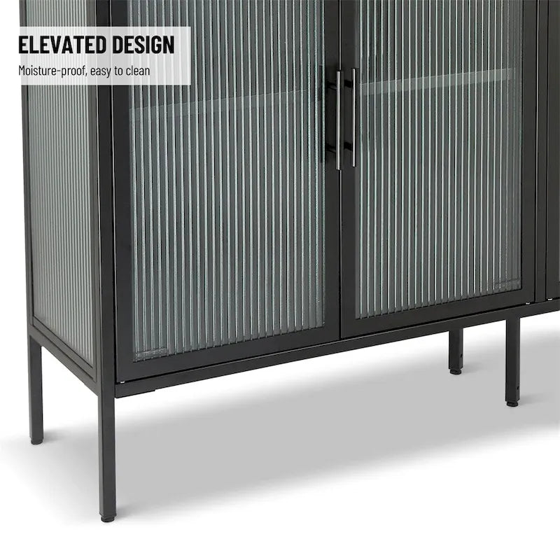 Stylish 4-Door Tempered Glass Cabinet, 4 Glass Doors Adjustable Shelf