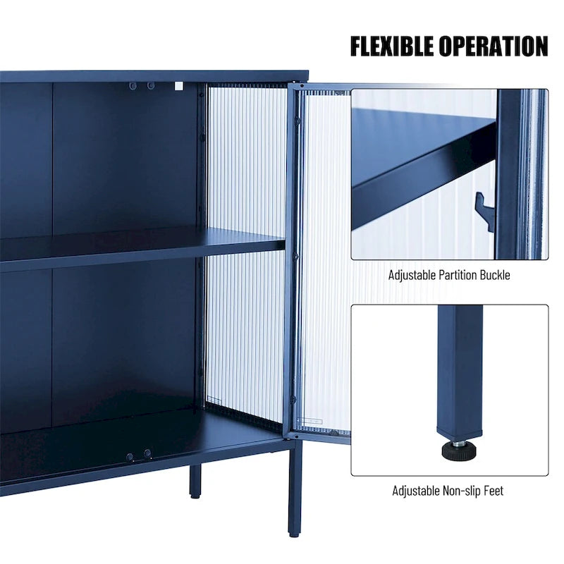 Stylish 4-Door Tempered Glass Cabinet, 4 Glass Doors Adjustable Shelf
