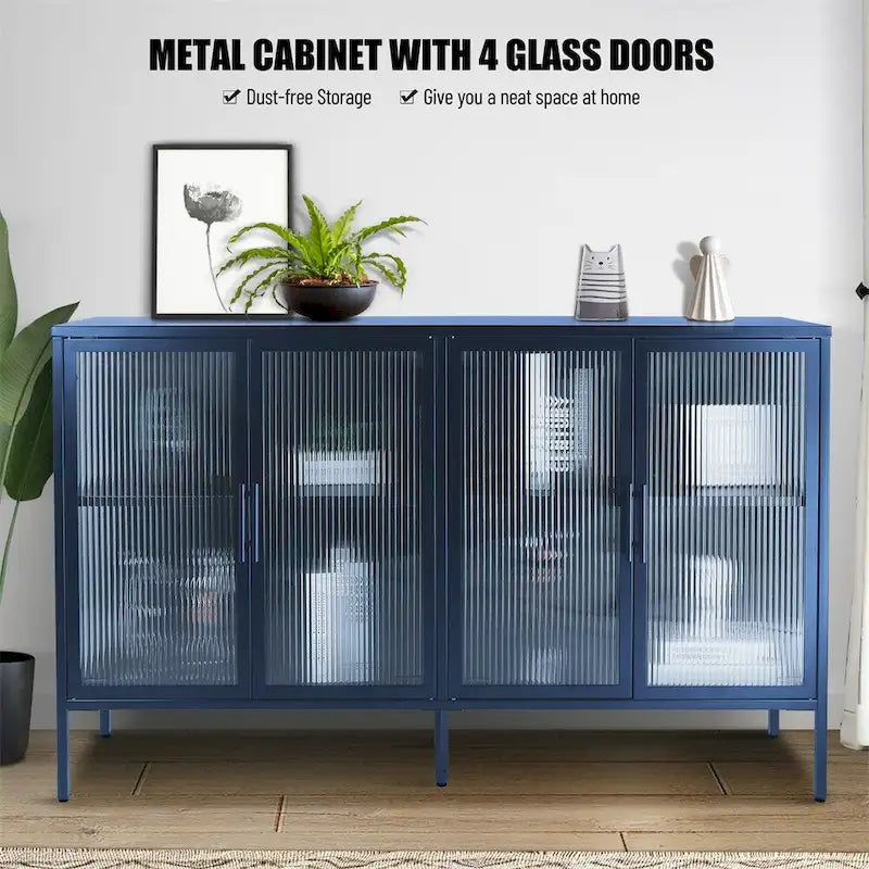 Stylish 4-Door Tempered Glass Cabinet, 4 Glass Doors Adjustable Shelf
