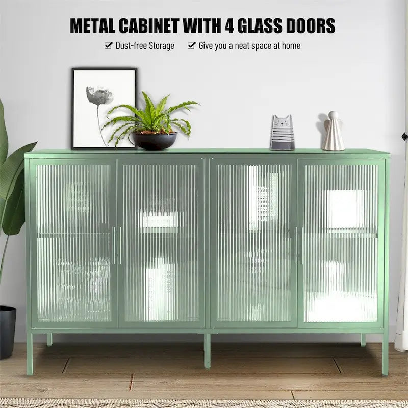 Stylish 4-Door Tempered Glass Cabinet, 4 Glass Doors Adjustable Shelf