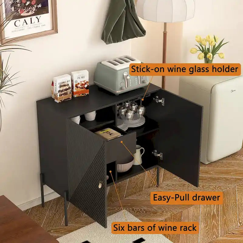Sideboards Buffets Cabinet Home Coffee Bar Cabinet,with Drawers,2 Cabinets and 6-Bottle Wine Rack for Living Room(Black)