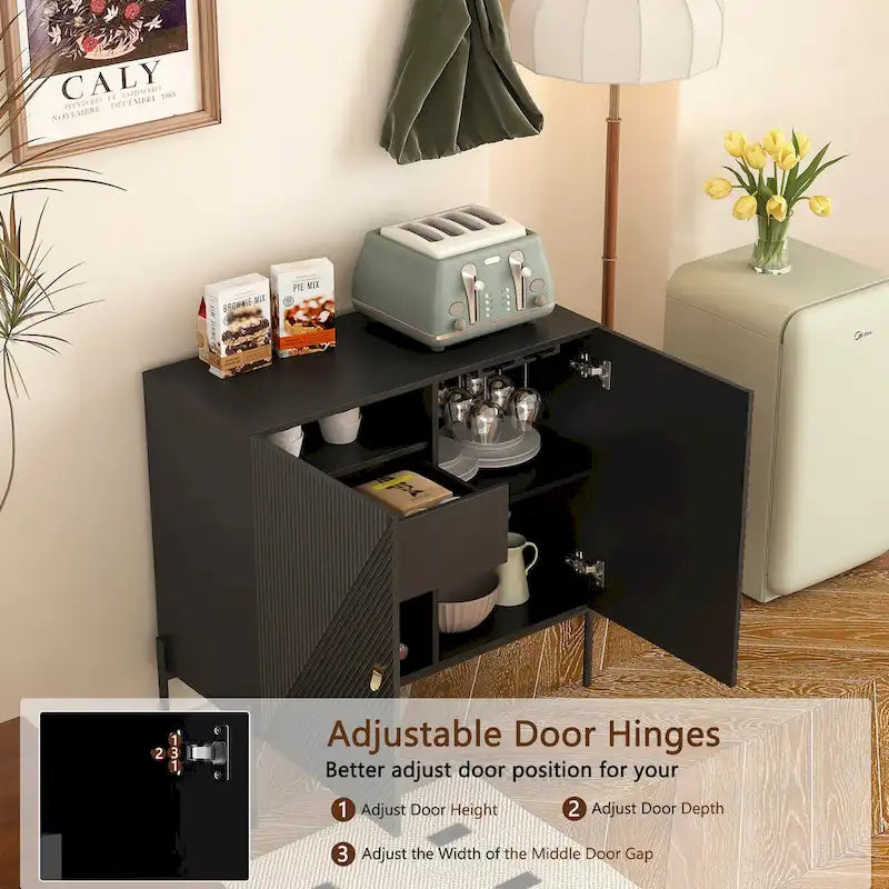 Sideboards Buffets Cabinet Home Coffee Bar Cabinet,with Drawers,2 Cabinets and 6-Bottle Wine Rack for Living Room(Black)