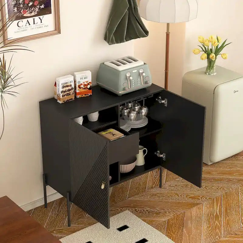 Sideboards Buffets Cabinet Home Coffee Bar Cabinet,with Drawers,2 Cabinets and 6-Bottle Wine Rack for Living Room(Black)
