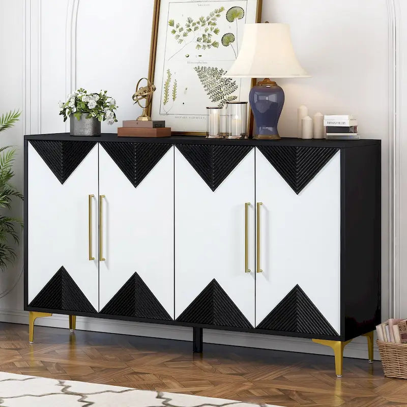 Unique Features of a Four-Door Cabinet with Two-Tone Triangular Pattern Doors, Suitable For Entryway