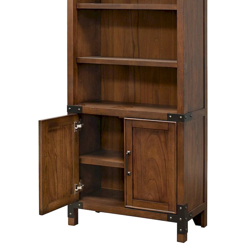 Addison Rustic Bookcase With Doors, Office Shelving, Storage Cabinet, Brown - 34W x 72H x 15D
