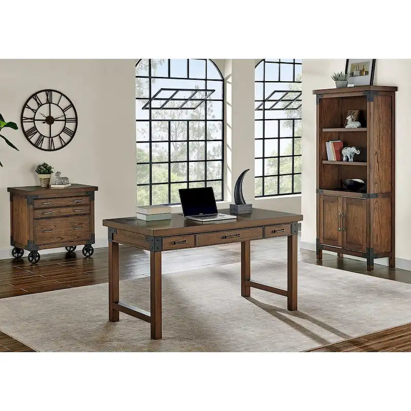 Addison Rustic Bookcase With Doors, Office Shelving, Storage Cabinet, Brown - 34W x 72H x 15D