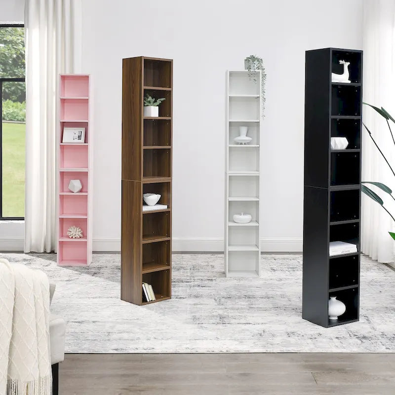 8-Tier Media Tower Rack, CD DVD Slim Storage Cabinet with Adjustable Shelves, Tall Narrow Bookcase Display Bookshelf