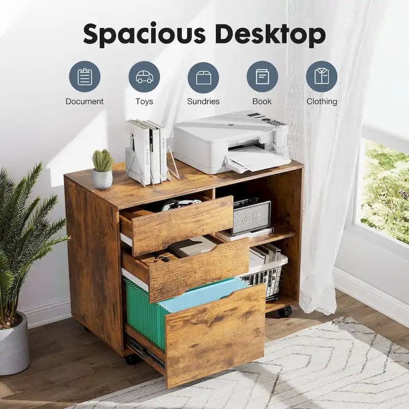 Mobile Lateral File Cabinet & Printer Stand with 3 Drawers and 2 Open Shelves