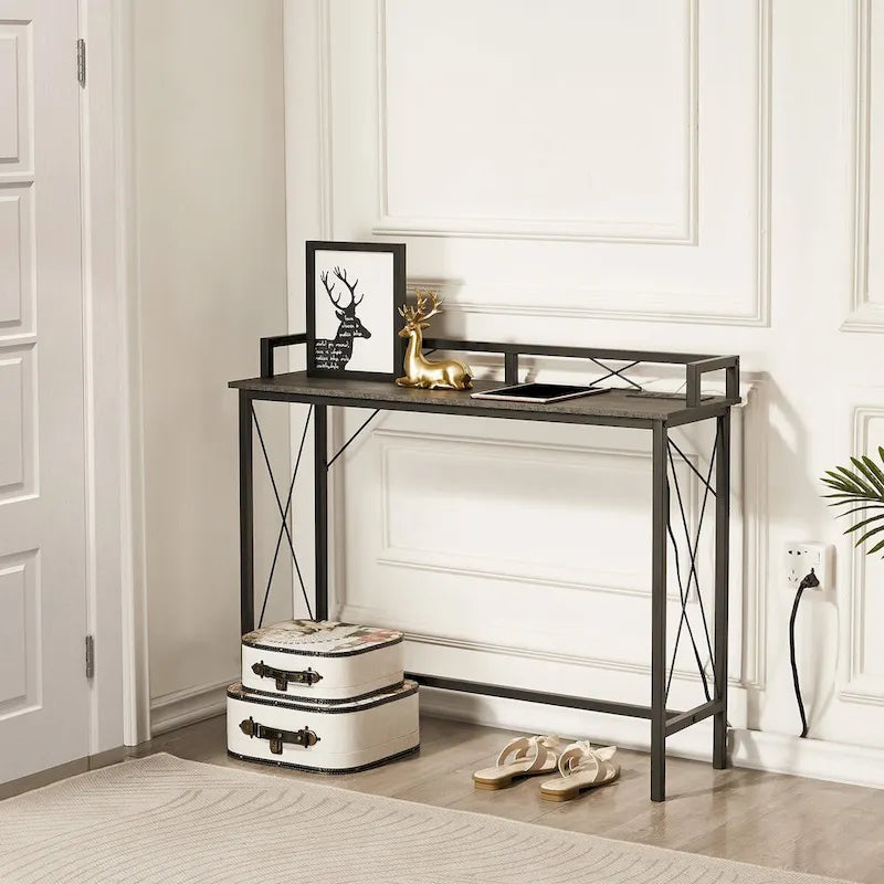 Javlergo 3-Piece Console Table and Stool Set, 39.4 Sofa Table with USB Charging Station and 2 Adjustable Swivel Chairs