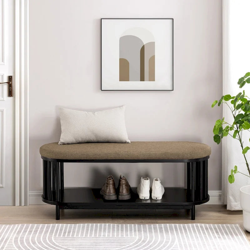 Scandi Upholstered-Top Storage Bench with Lower Shelf for Living Room, Bedroom and Office - Black