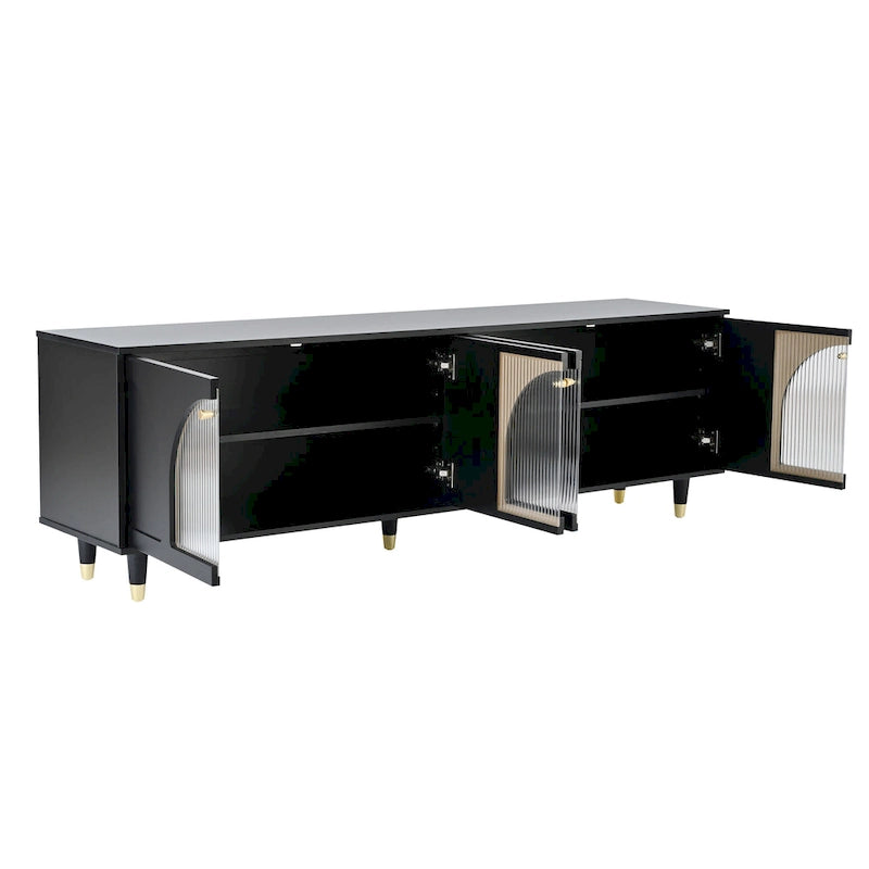 Stylish Media Console with Gold Handles and Arch Fluted Glass Doors