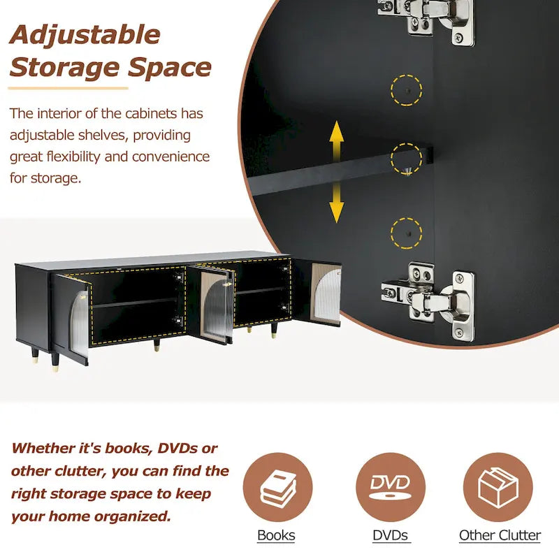 Stylish Media Console with Gold Handles and Arch Fluted Glass Doors