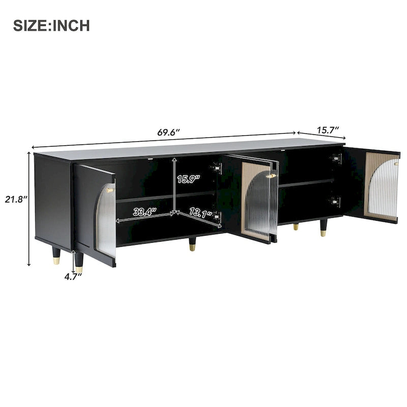 Stylish Media Console with Gold Handles and Arch Fluted Glass Doors