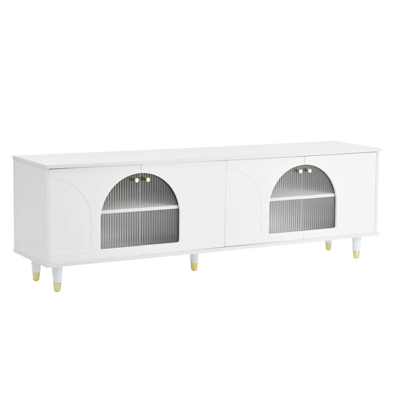 Stylish Media Console with Gold Handles and Arch Fluted Glass Doors