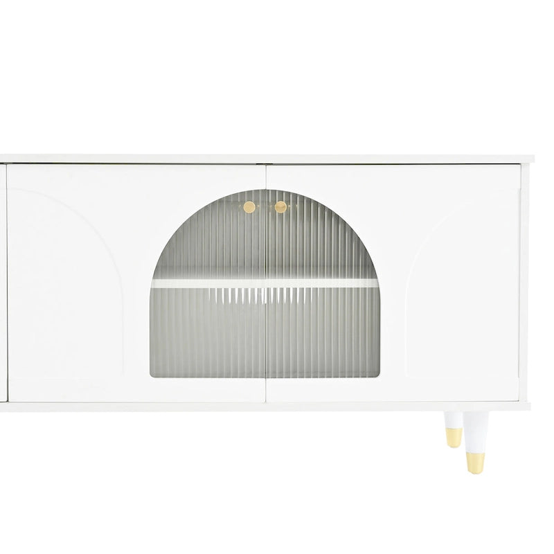 Stylish Media Console with Gold Handles and Arch Fluted Glass Doors