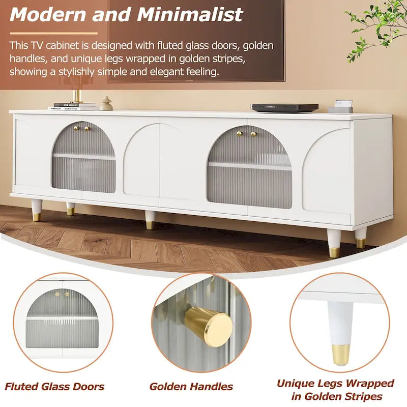 Stylish Media Console with Gold Handles and Arch Fluted Glass Doors
