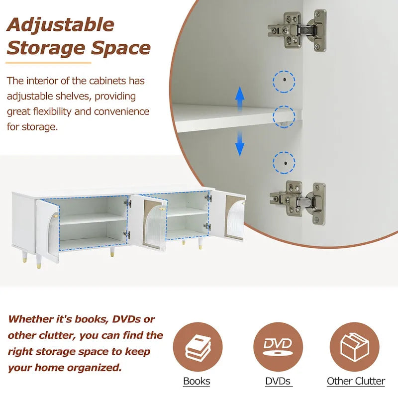 Stylish Media Console with Gold Handles and Arch Fluted Glass Doors