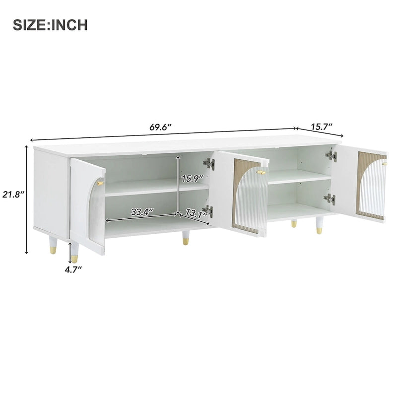Stylish Media Console with Gold Handles and Arch Fluted Glass Doors