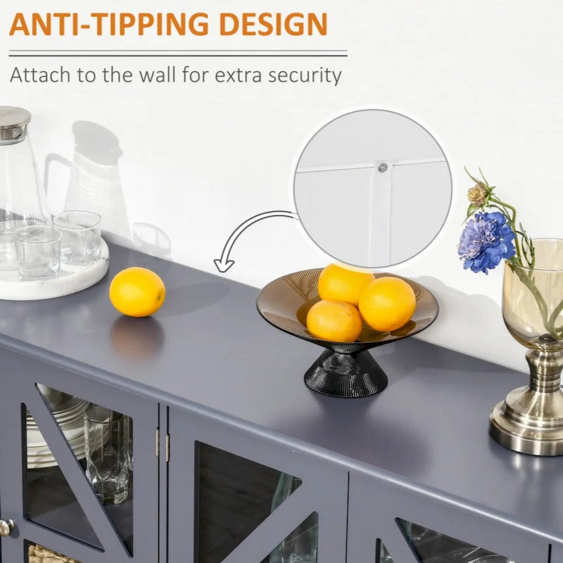 Sideboard, Buffet Cabinet with Tempered Glass Doors and Adjustable Storage Shelf, Credenza, Grey