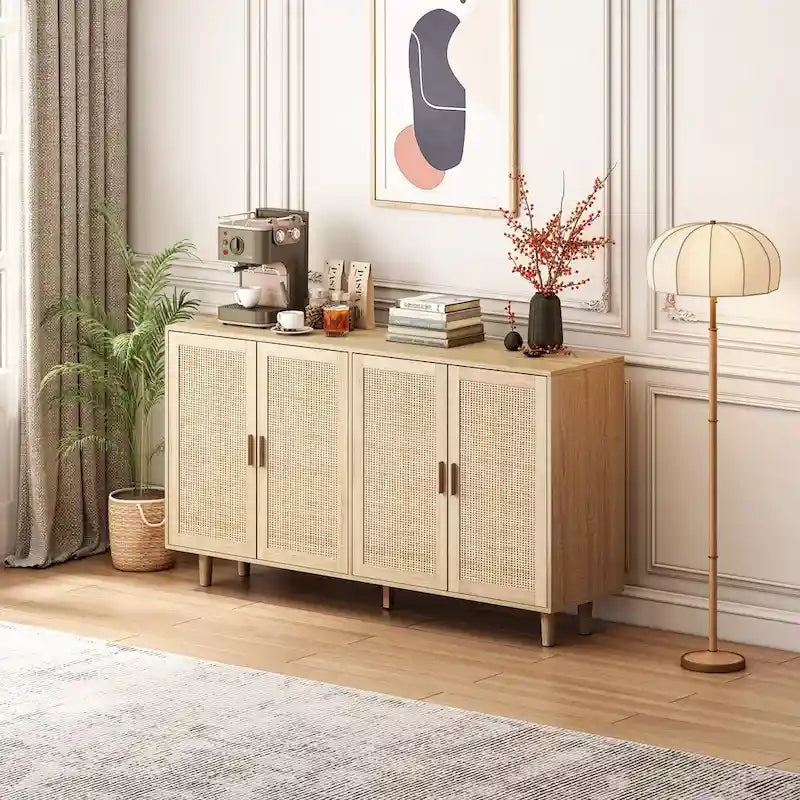 Elegant and Functional 4-Door Rattan Decorative Storage Cabinet,for Bedroom,Living Room,Office,Easy Assembly