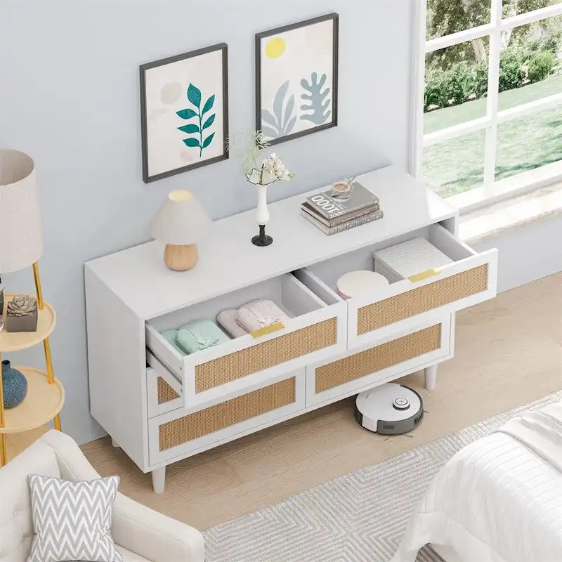 51.18 6-Drawers Rattan Storage Cabinet Rattan Drawer,for Bedroom