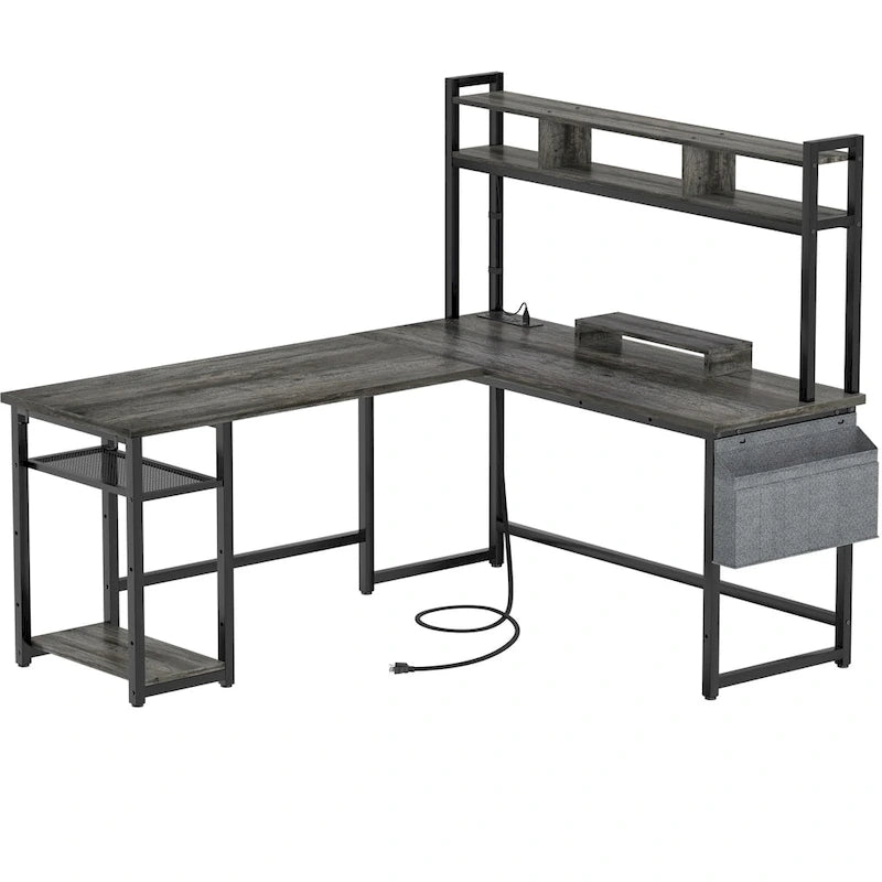 L-Shape Gaming Desk Wood Office Computer Table with Hutch and USB Port