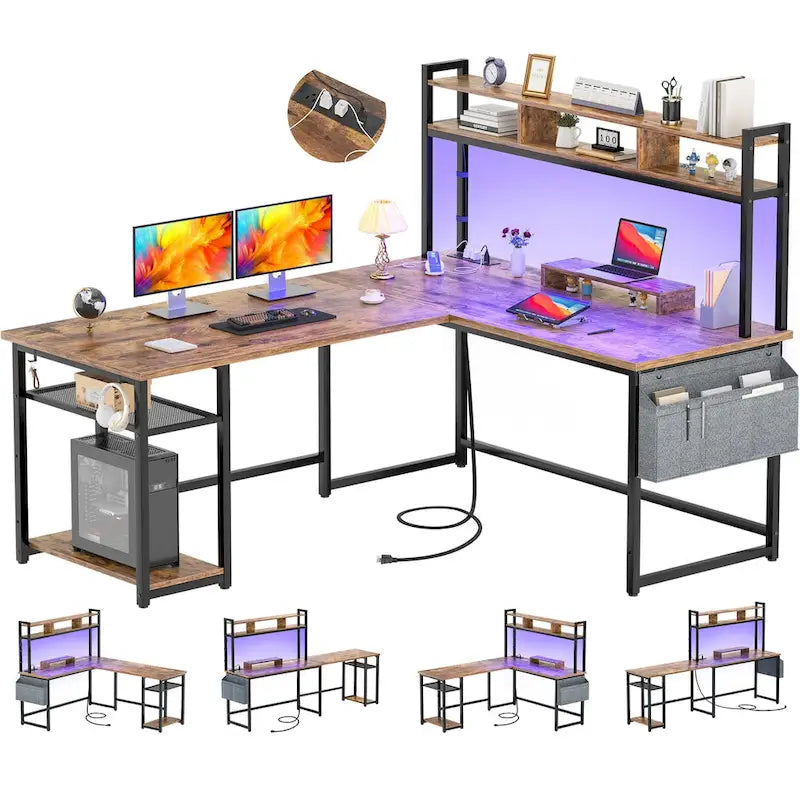 L-Shape Gaming Desk Wood Office Computer Table with Hutch and USB Port
