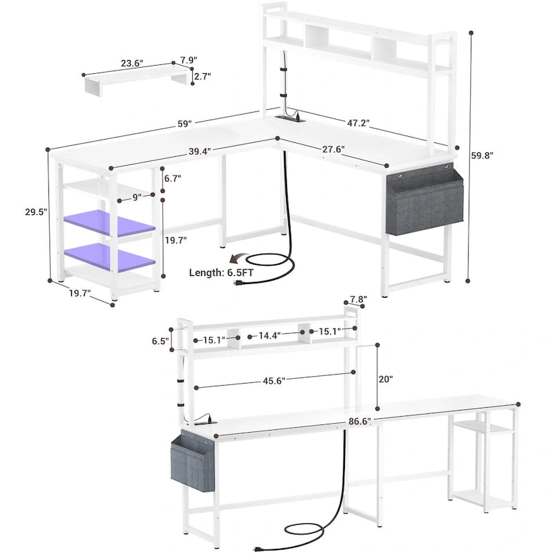 L-Shape Gaming Desk Wood Office Computer Table with Hutch and USB Port