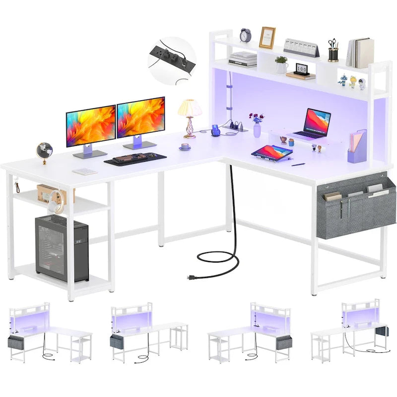 L-Shape Gaming Desk Wood Office Computer Table with Hutch and USB Port