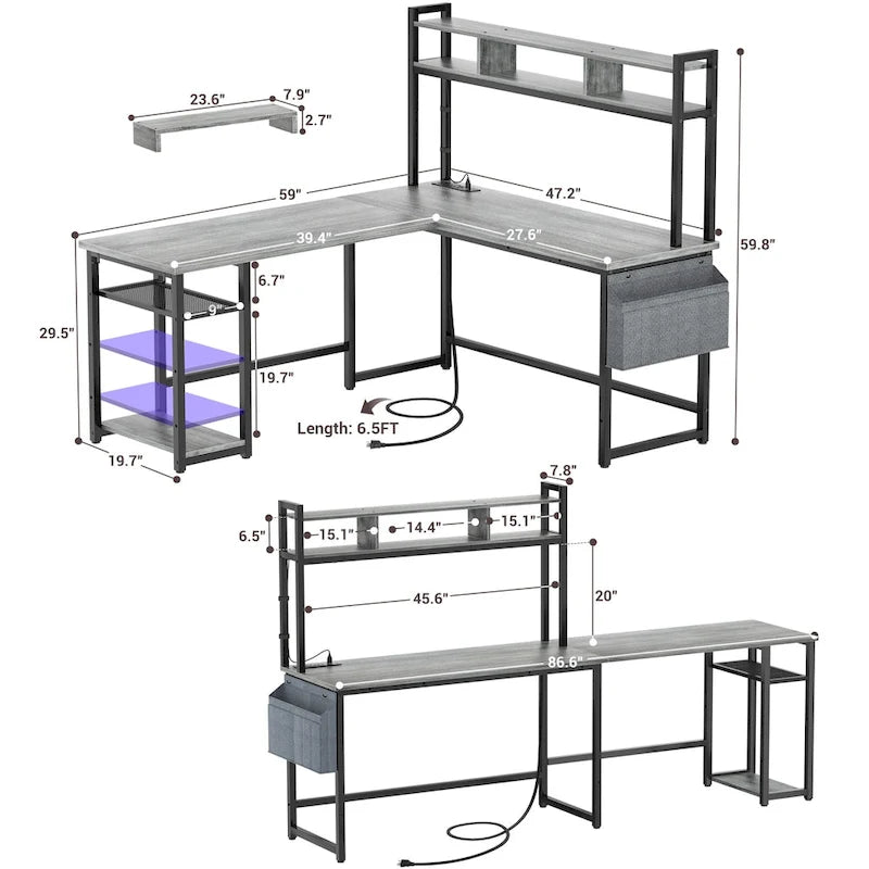 L-Shape Gaming Desk Wood Office Computer Table with Hutch and USB Port