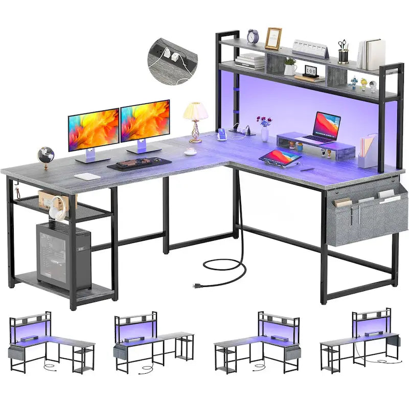 L-Shape Gaming Desk Wood Office Computer Table with Hutch and USB Port