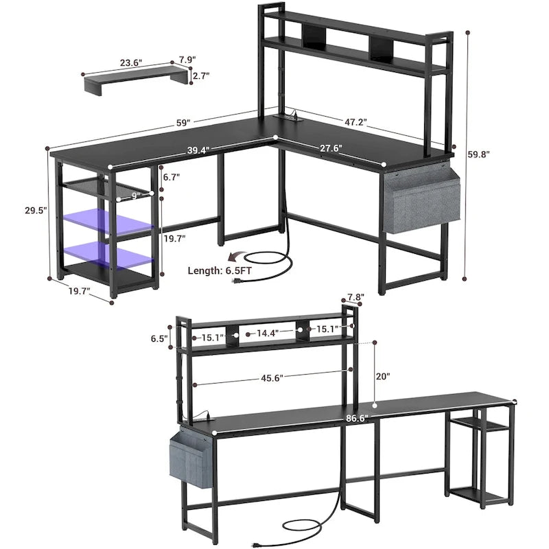 L-Shape Gaming Desk Wood Office Computer Table with Hutch and USB Port