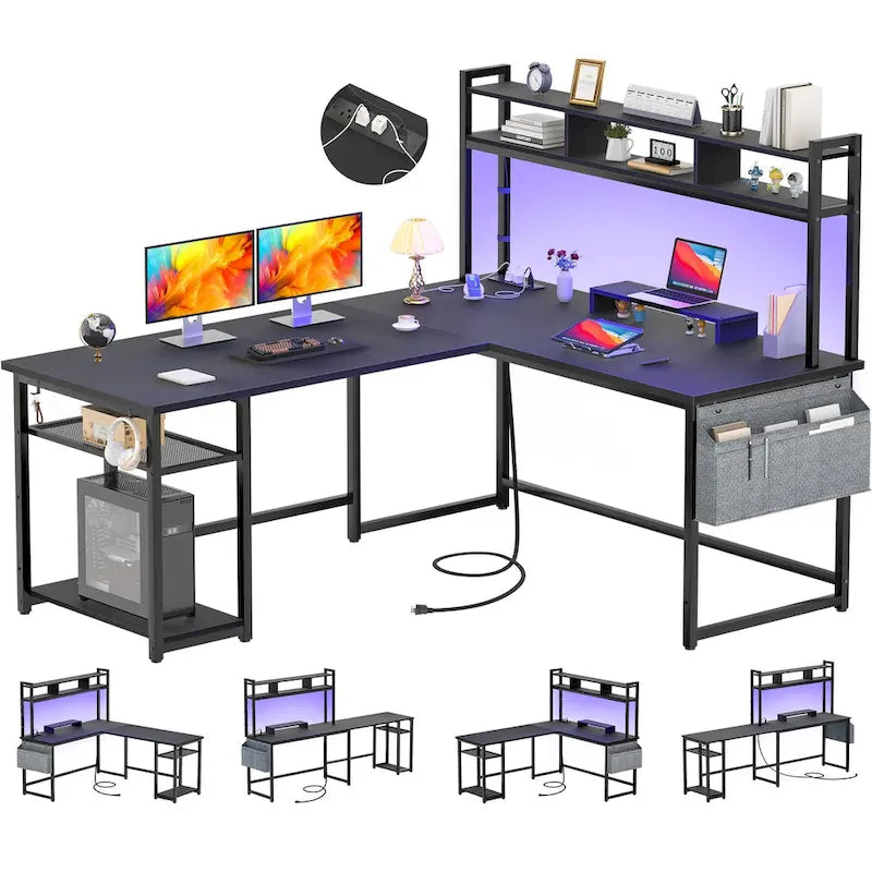L-Shape Gaming Desk Wood Office Computer Table with Hutch and USB Port