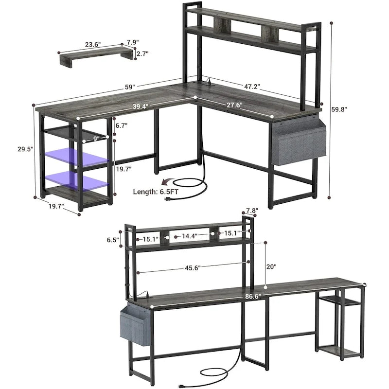 L-Shape Gaming Desk Wood Office Computer Table with Hutch and USB Port