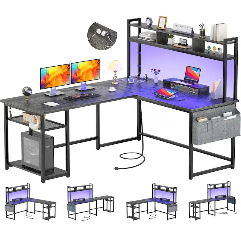 L-Shape Gaming Desk Wood Office Computer Table with Hutch and USB Port