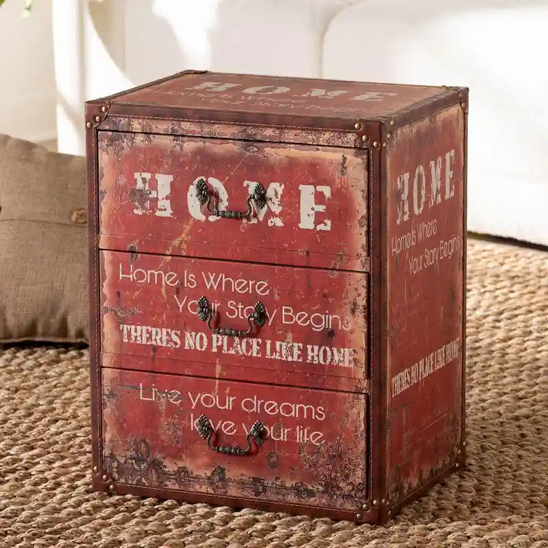 Lorand Vintage Faux Leather and Wood 3-Drawer Storage Trunk