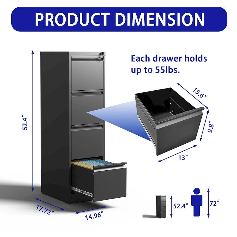 4-Drawers 14.96 W Metal Vertical File Cabinet with Lock Office Home Vertical File Cabinet for A4 Legal/Letter Size