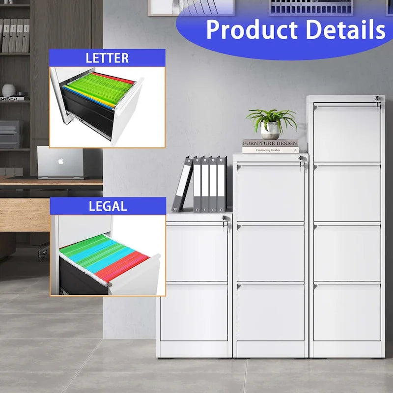 4-Drawers 14.96 W Metal Vertical File Cabinet with Lock Office Home Vertical File Cabinet for A4 Legal/Letter Size