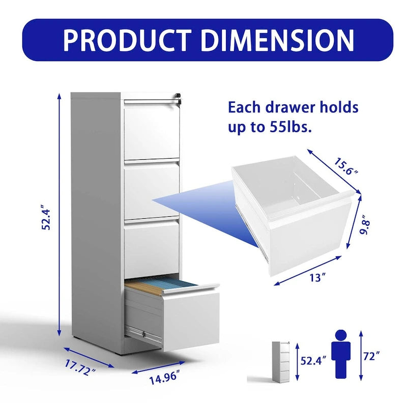 4-Drawers 14.96 W Metal Vertical File Cabinet with Lock Office Home Vertical File Cabinet for A4 Legal/Letter Size