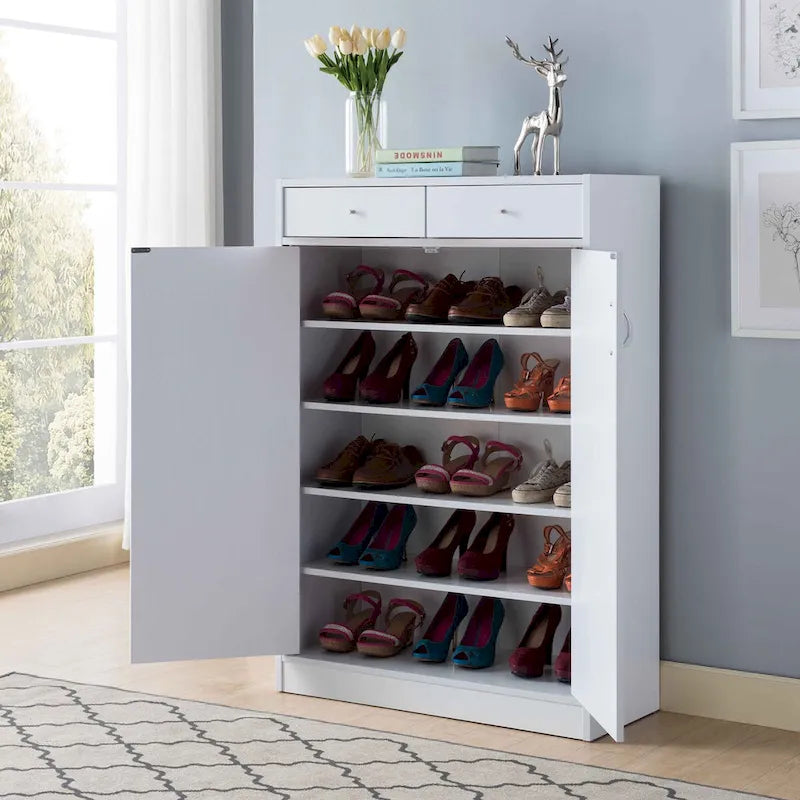 White Shoe Storage Cabinet with Fives Shelves, Two Drawers, Fits 15 Pairs of Shoes