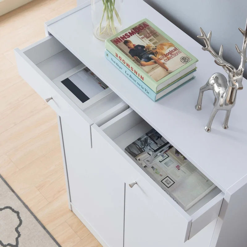 White Shoe Storage Cabinet with Fives Shelves, Two Drawers, Fits 15 Pairs of Shoes