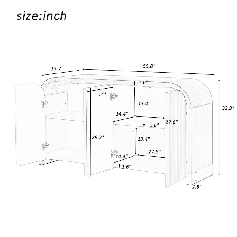 4-door Curved Corner Design Wavy Door Panel Cabinet with Adjustable Shelves