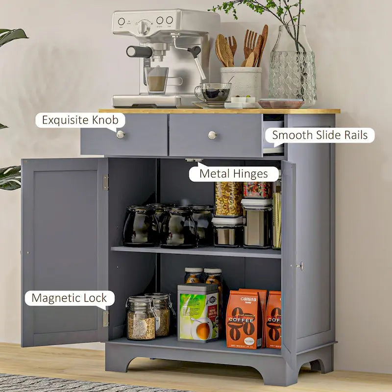 Sideboard Buffet Cabinet, Double Door Kitchen Cabinet, Coffee Bar Storage with 2 Drawers, Adjustable Shelf
