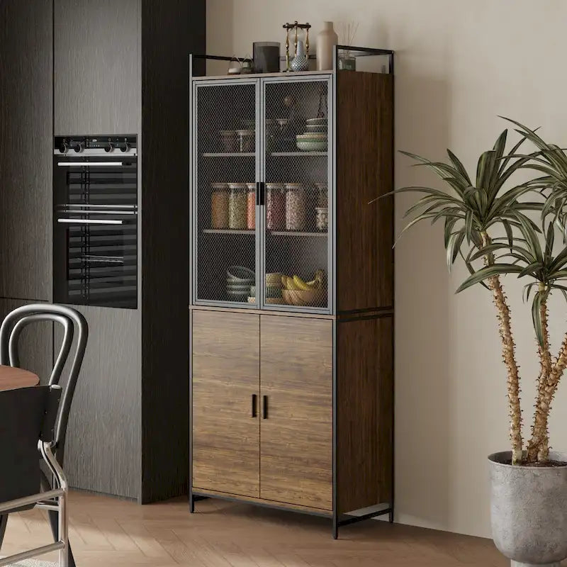 Brown Walnut Color Retro Kitchen Storage Cabinet Collection with Iron Frame
