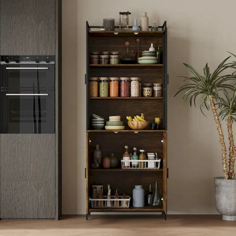 Brown Walnut Color Retro Kitchen Storage Cabinet Collection with Iron Frame