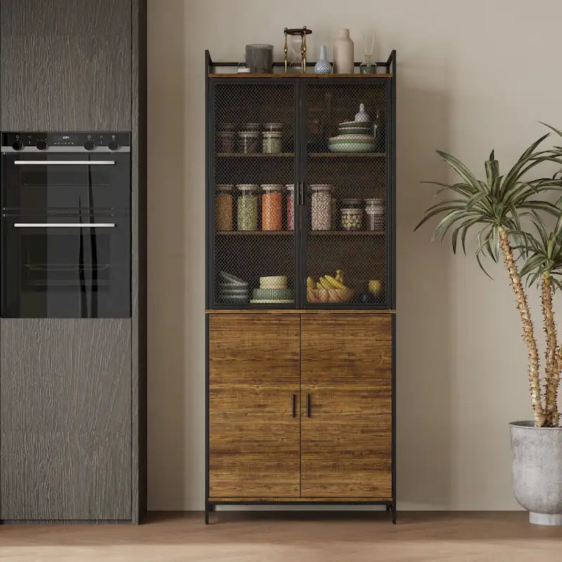 Brown Walnut Color Retro Kitchen Storage Cabinet Collection with Iron Frame