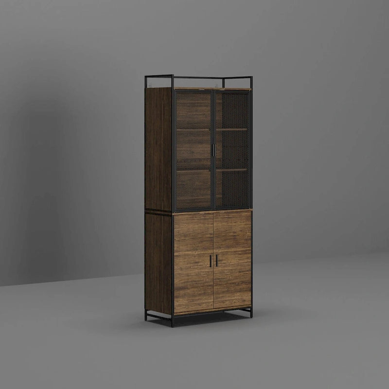 Brown Walnut Color Retro Kitchen Storage Cabinet Collection with Iron Frame