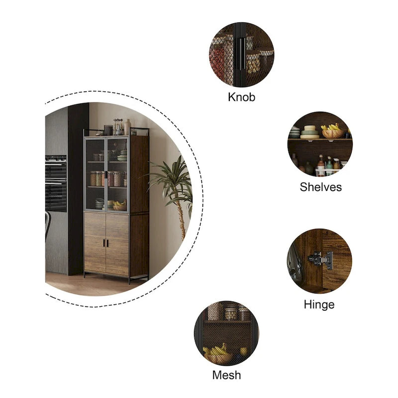 Brown Walnut Color Retro Kitchen Storage Cabinet Collection with Iron Frame